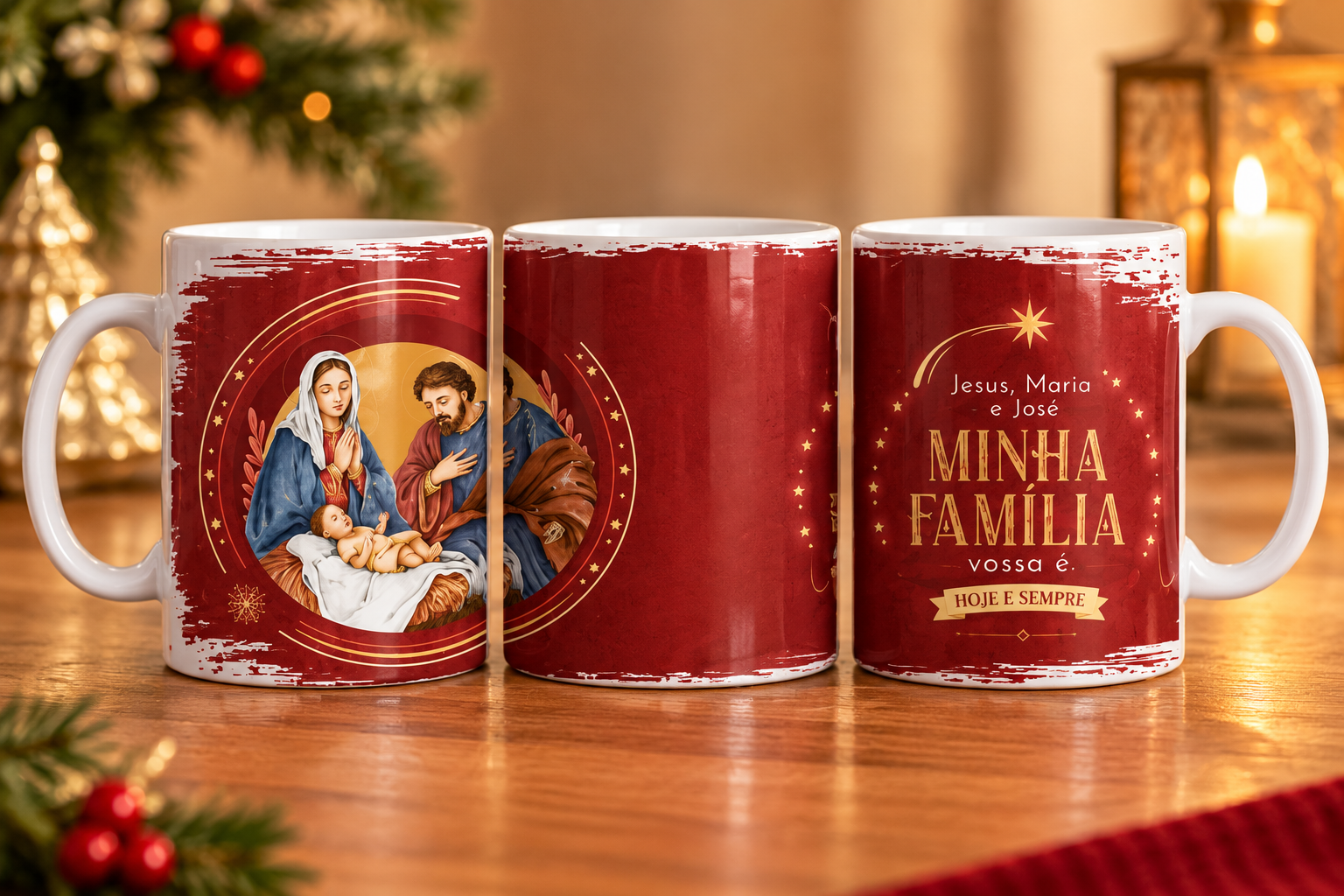 Caneca de Natal de Porcelana - Jesus, Maria e José - Minha família vossa é