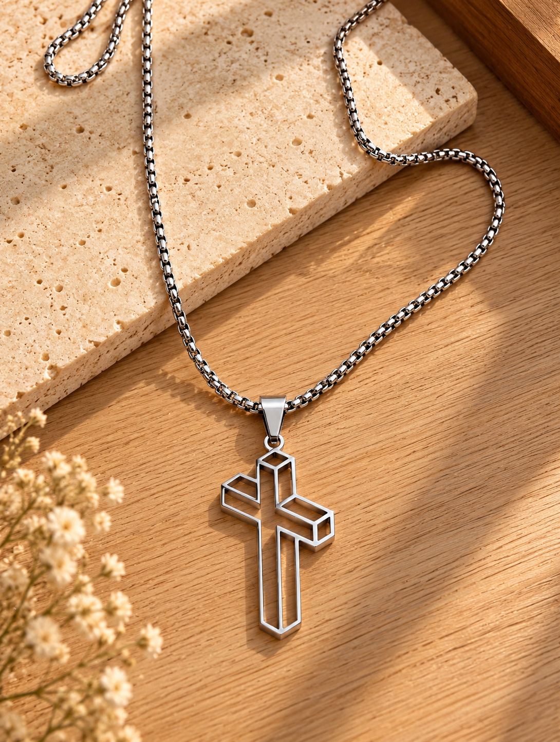 Colar Masculino - em Inox, Cruz Efeito 3D