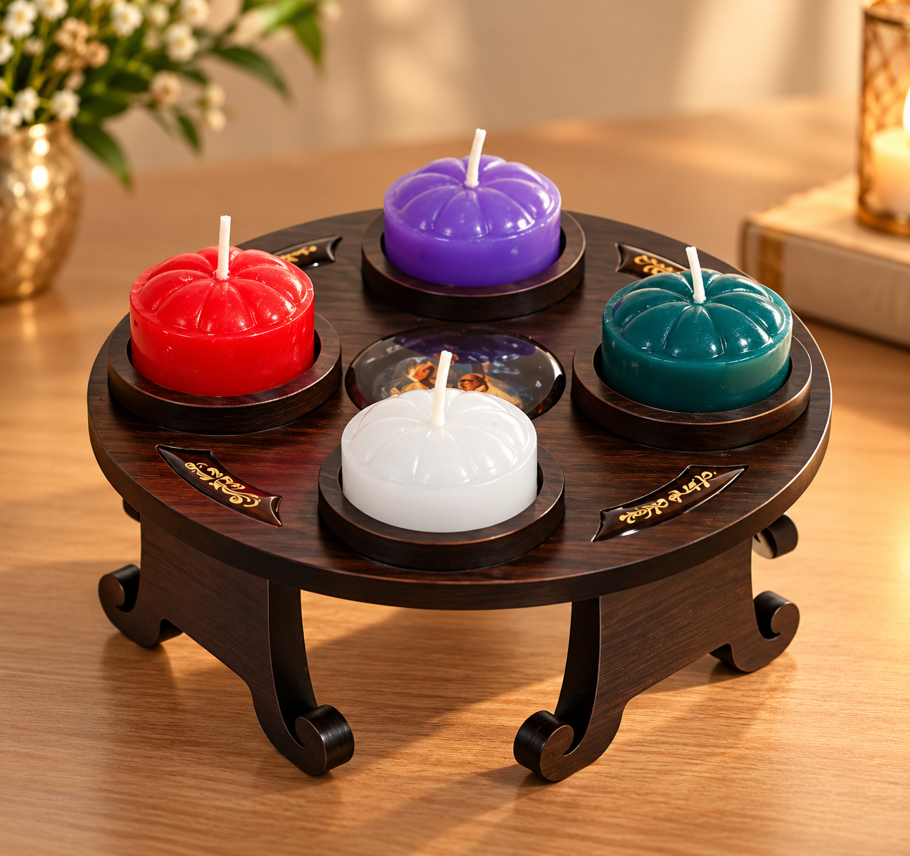 Coroa do Advento em MDF Marrom Escuro Resinado com Velas - Tam P