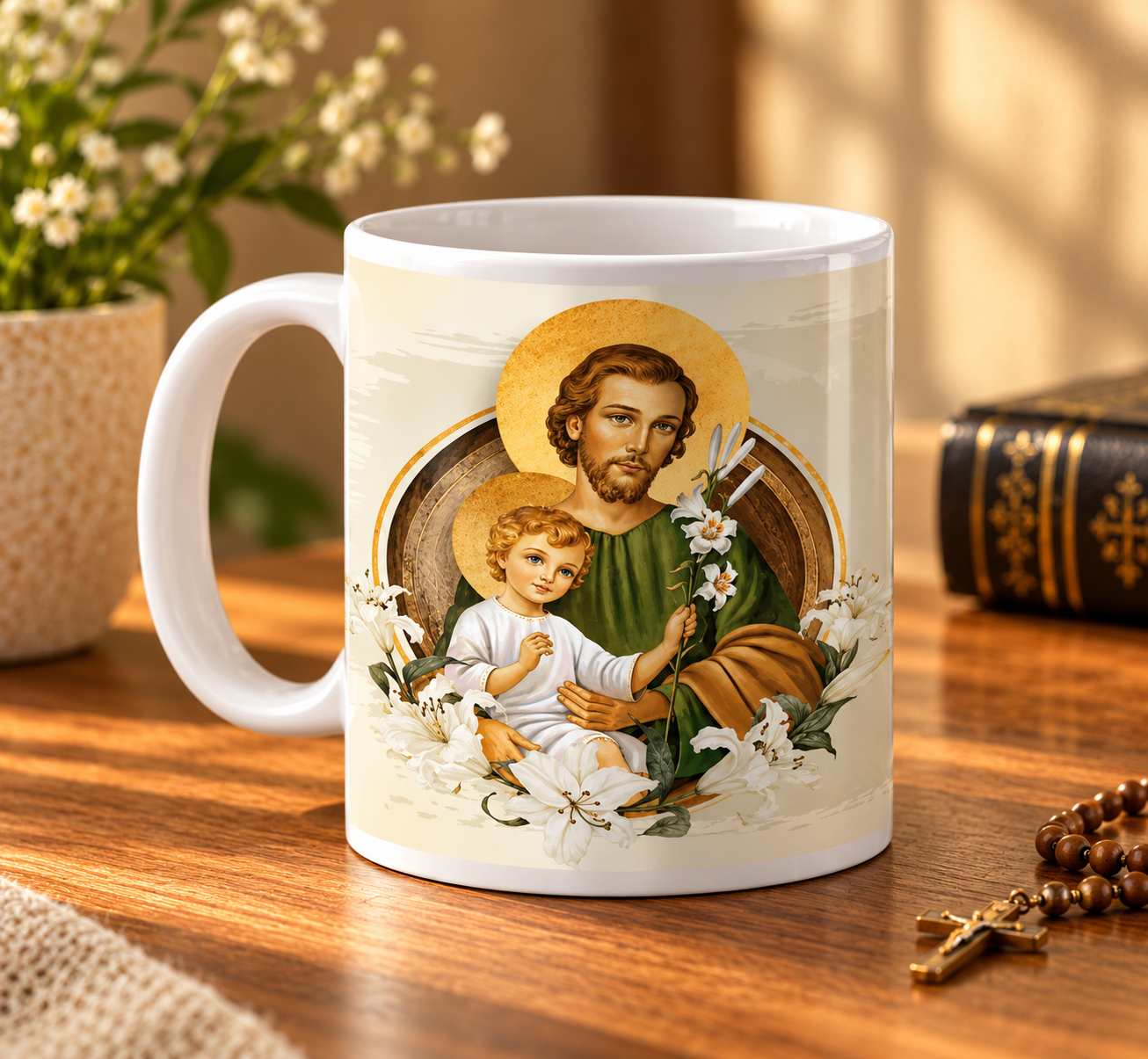 Caneca de São José em Porcelana - "São José, Protegei e Amparai a Mim e a Minha Família!"