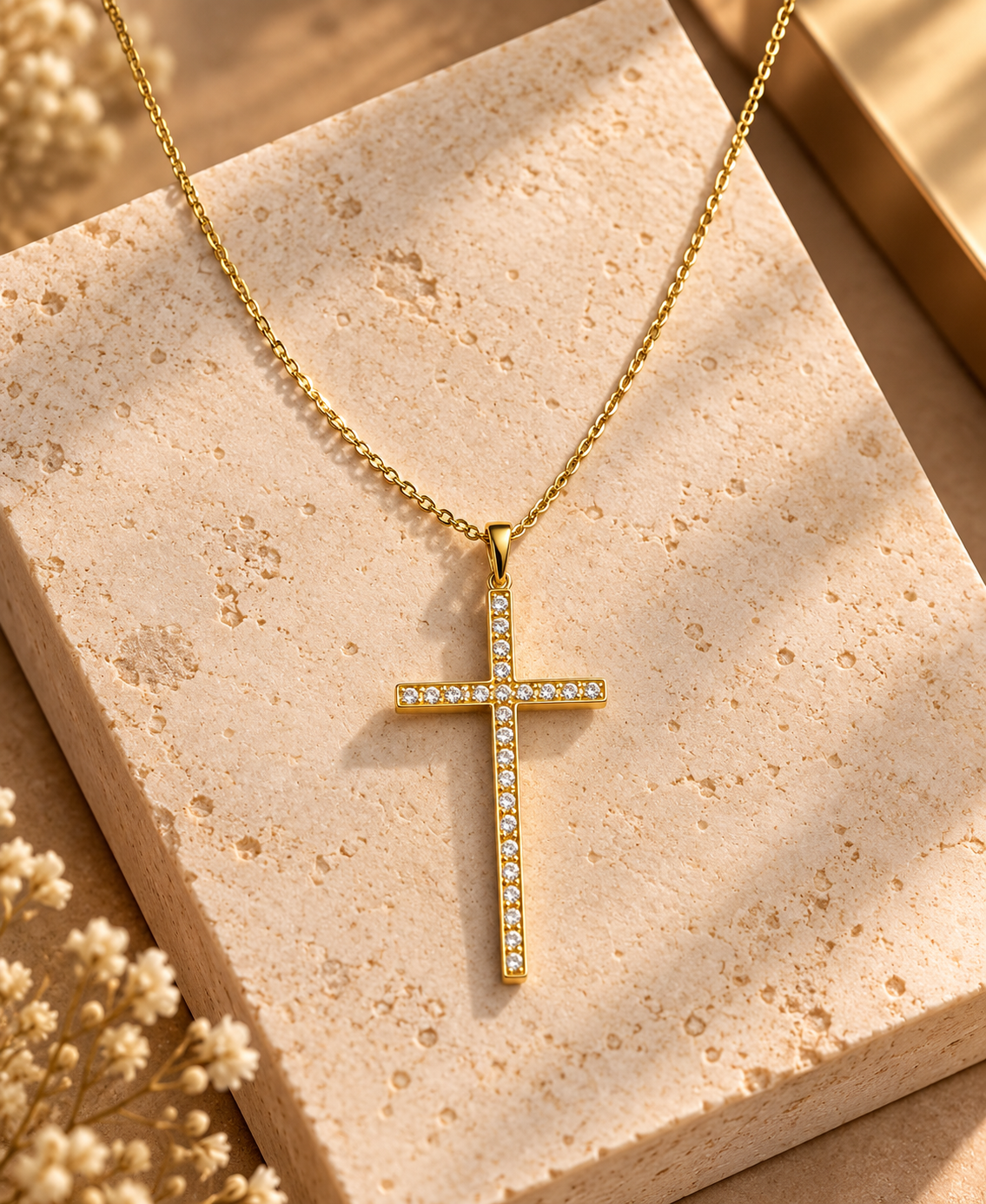 Colar Dourado com Cruz Trabalhada em Strass Translúcido