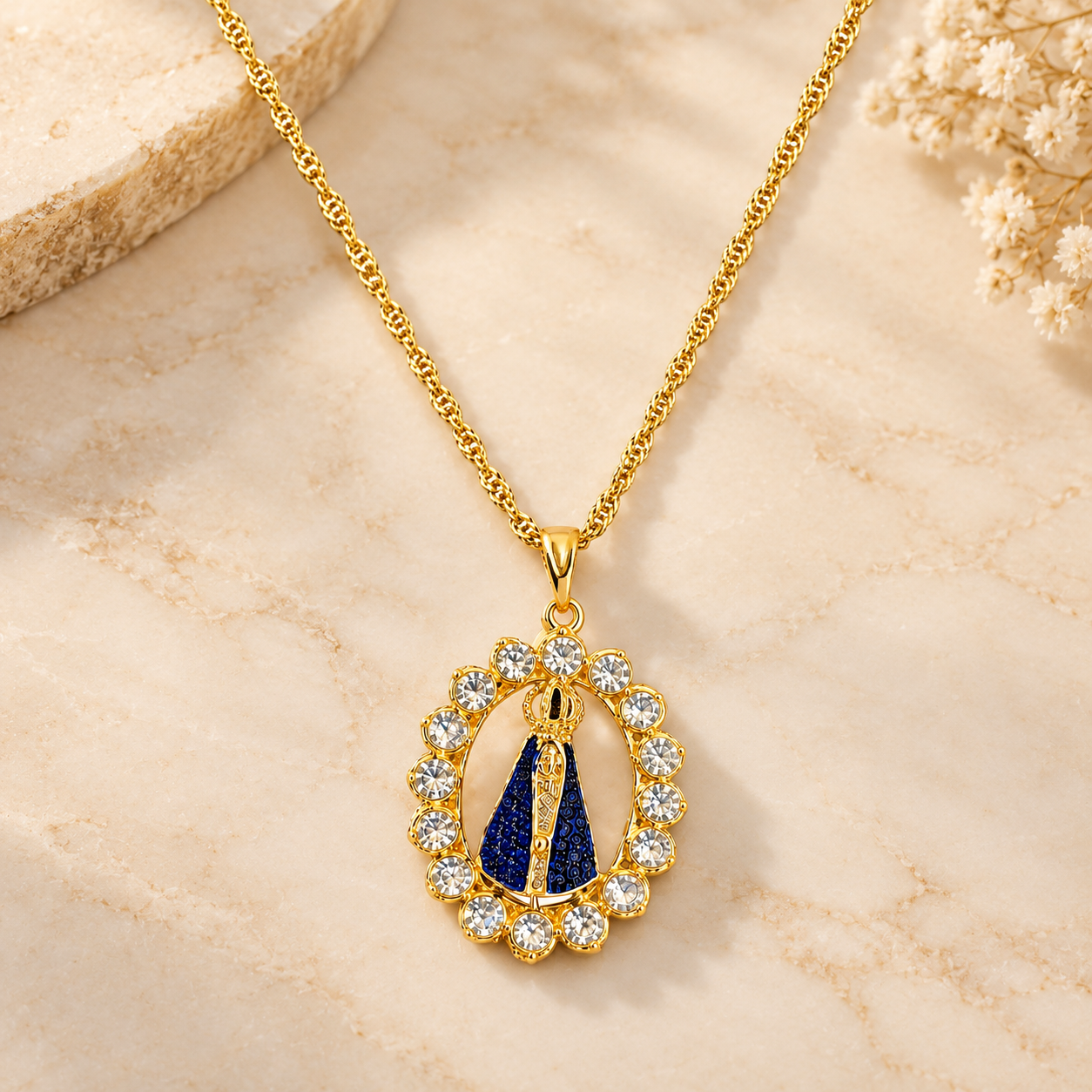 Colar Nossa Senhora Aparecida Oval com Strass