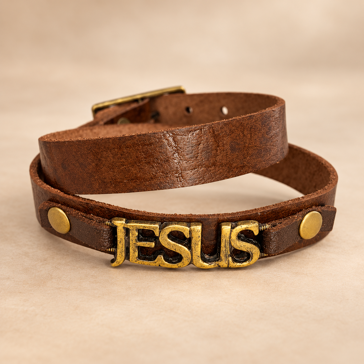 Pulseira de Couro Masculina Jesus Marrom - 2 Voltas