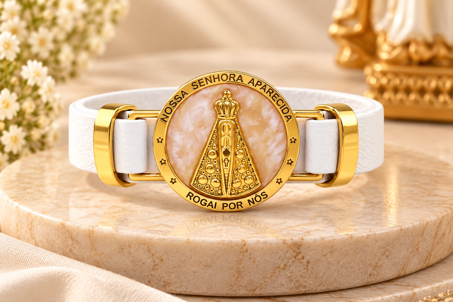 Pulseira de Couro Dourada  de Nossa Senhora Aparecida
