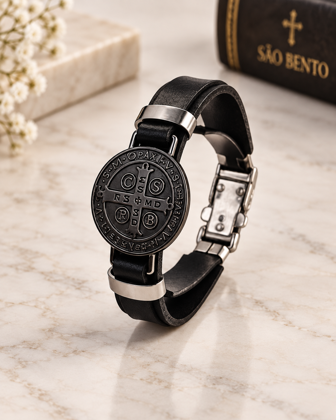 Pulseira de Couro Preta com Medalha de São Bento