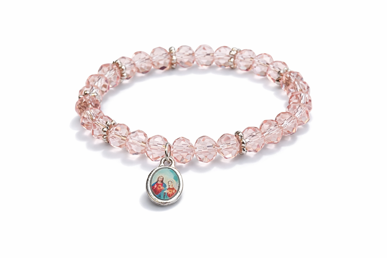 Pulseira Cristal Rosa / Jesus e Maria
