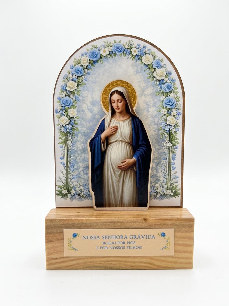 Capelinha Nossa Senhora Grávida com Base em Madeira / Decoração Religiosa