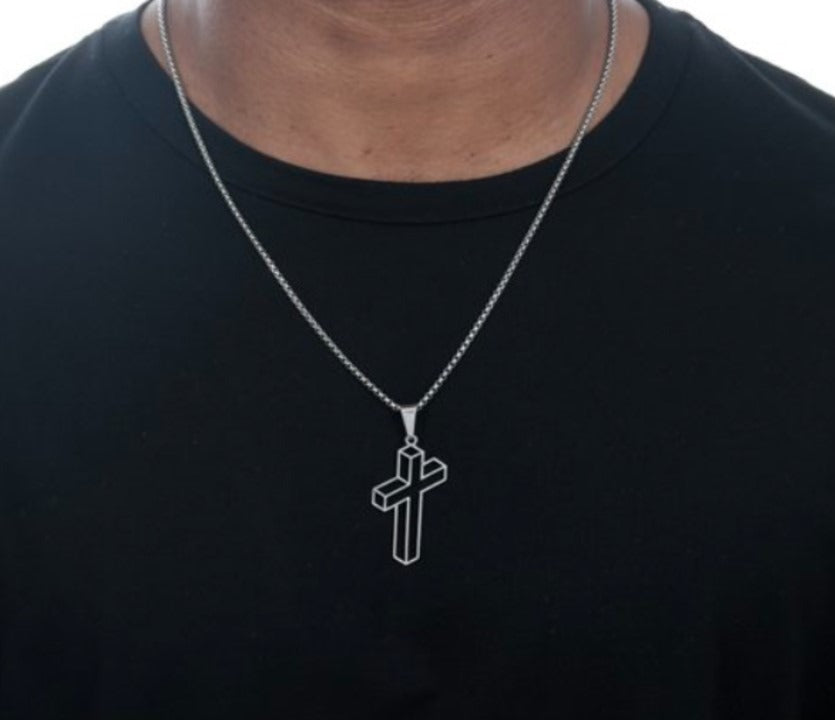 Colar Masculino - em Inox, Cruz Efeito 3D