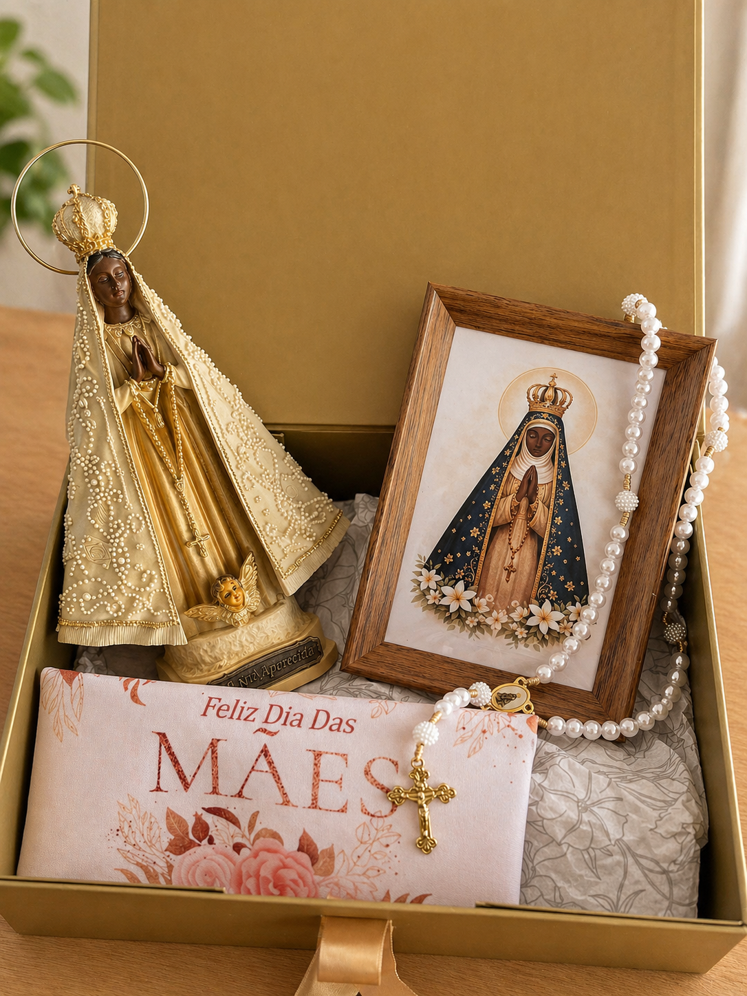 Kit Nossa Senhora Aparecida Marfim 20cm + Quadro + Terço- Presente Especial dia das Mães