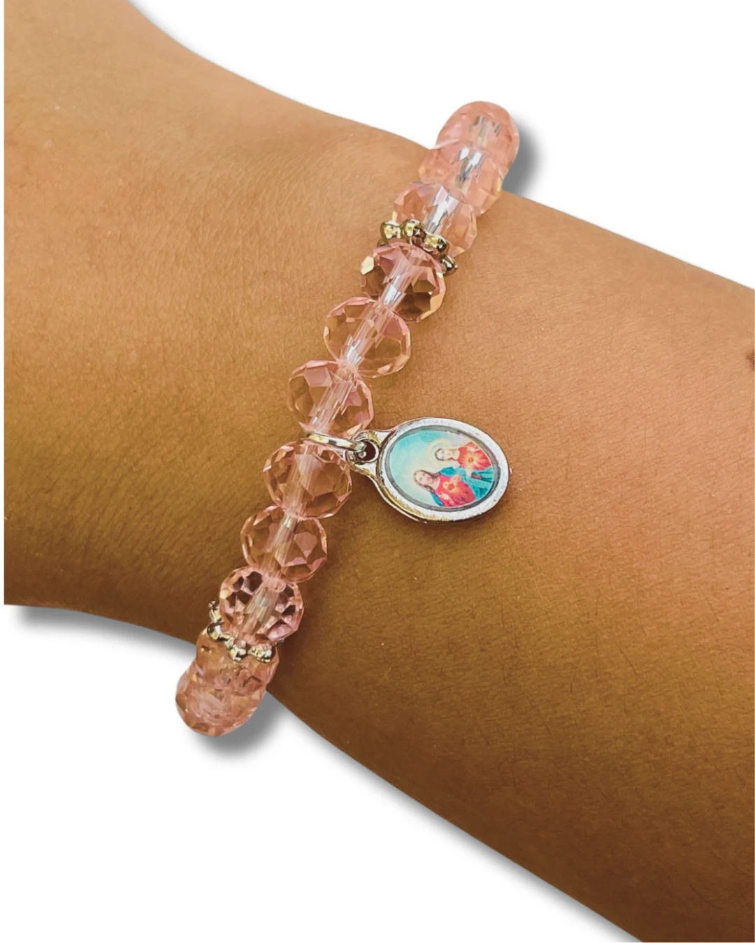 Pulseira Cristal Rosa / Jesus e Maria