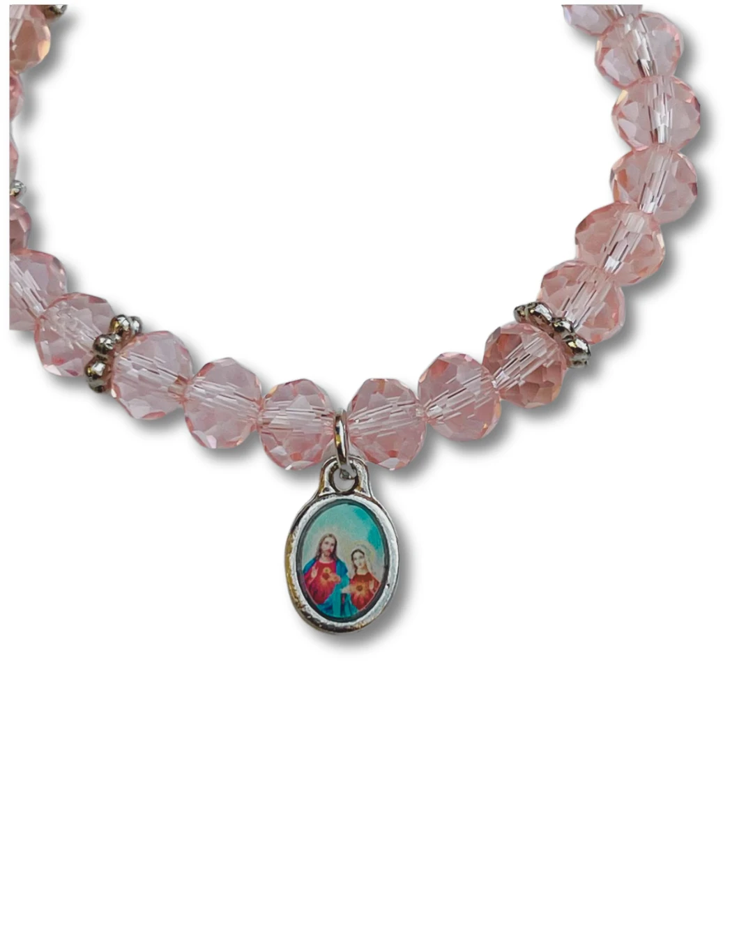 Pulseira Cristal Rosa / Jesus e Maria