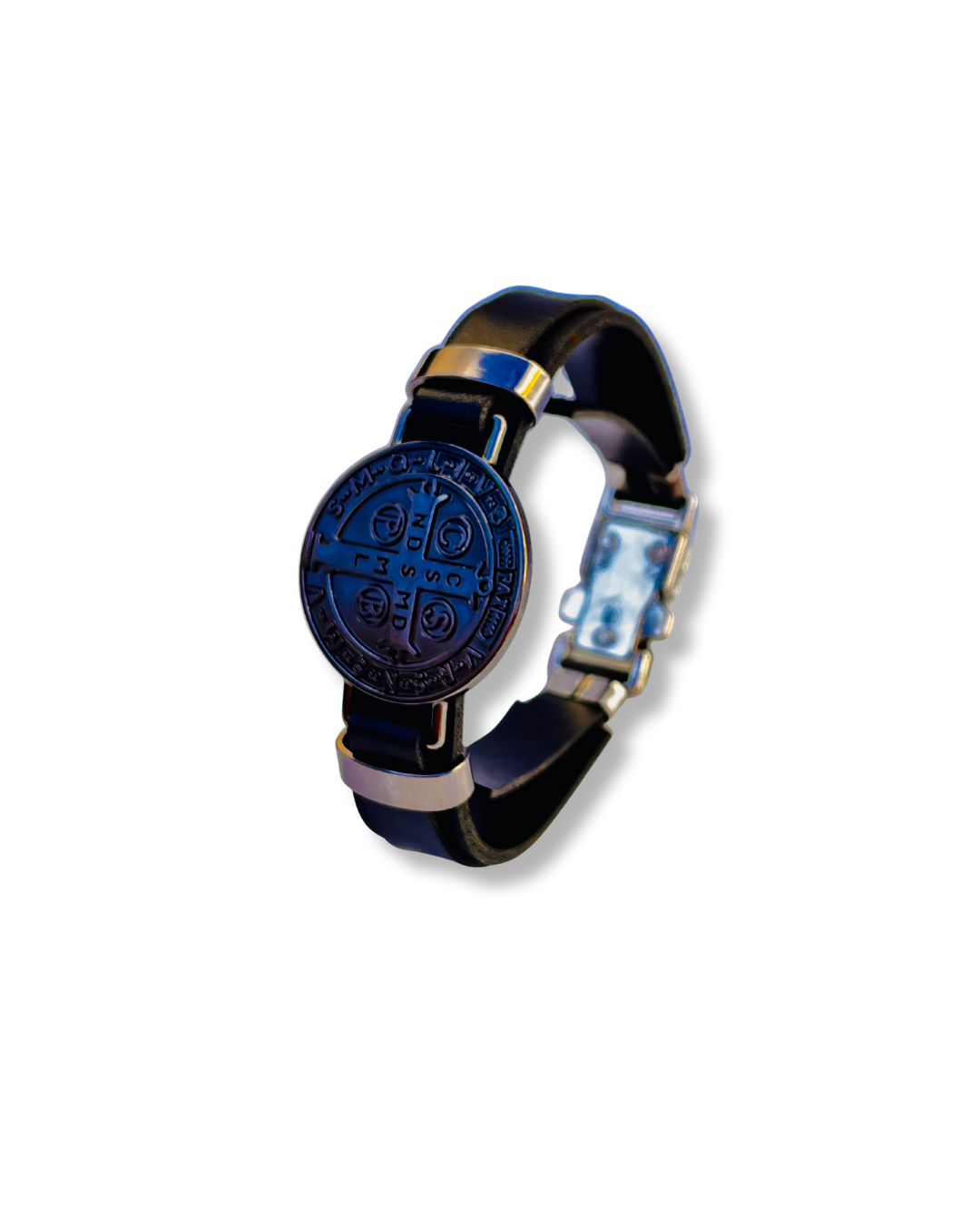 Pulseira de Couro Preta com Medalha de São Bento