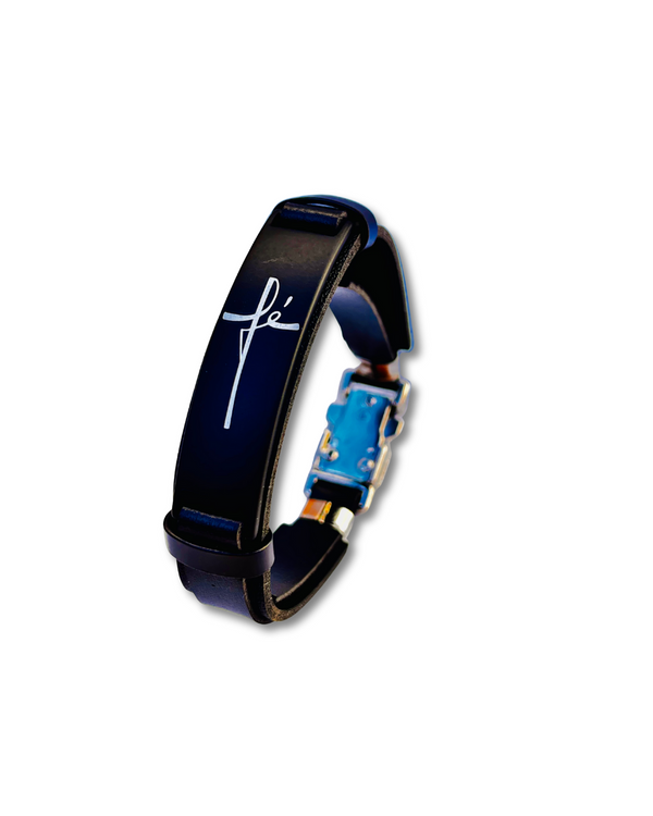 Pulseira de Couro Placa Fé