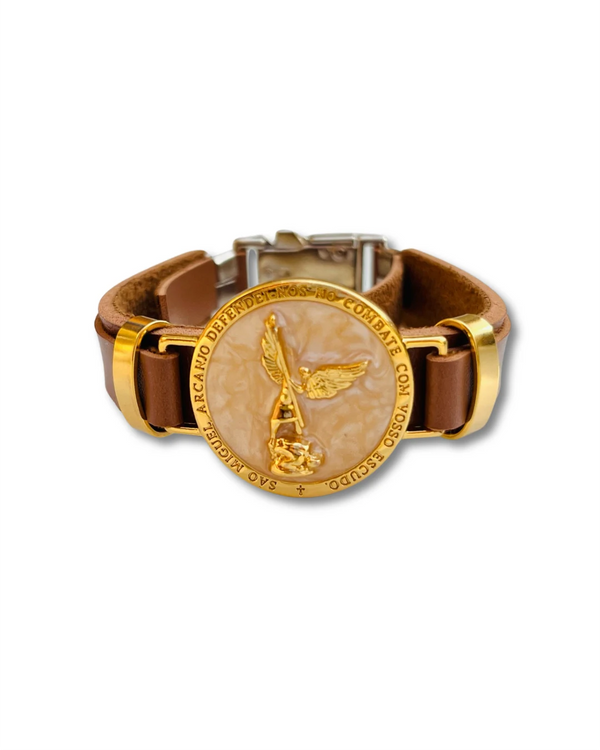 Pulseira de Couro  Dourada São Miguel Feminina
