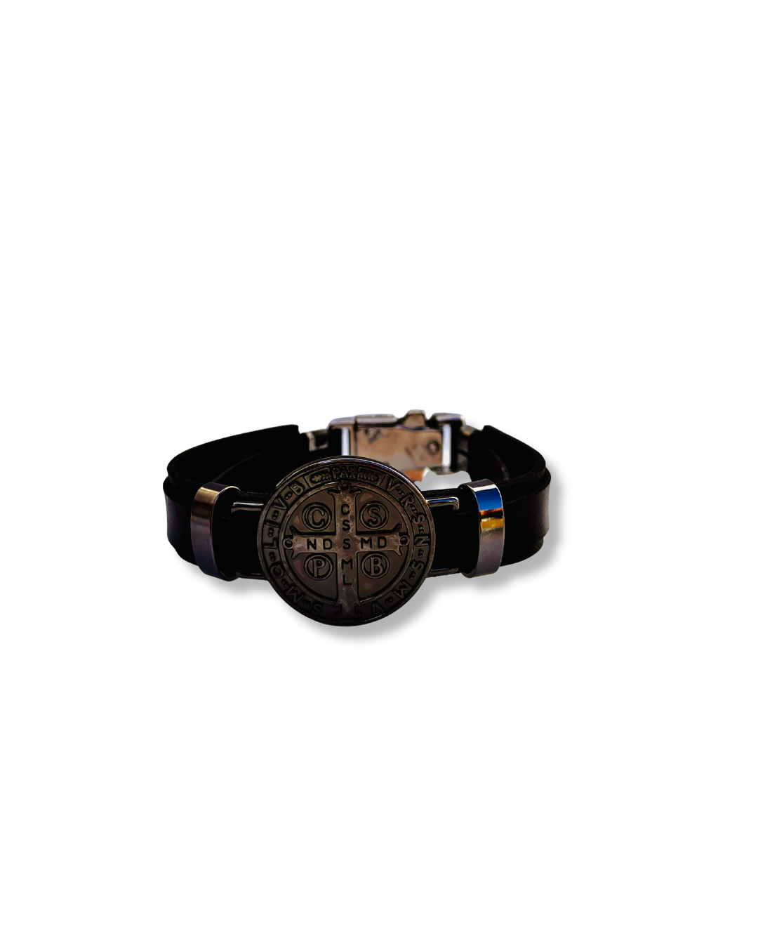 Pulseira de Couro Preta com Medalha de São Bento