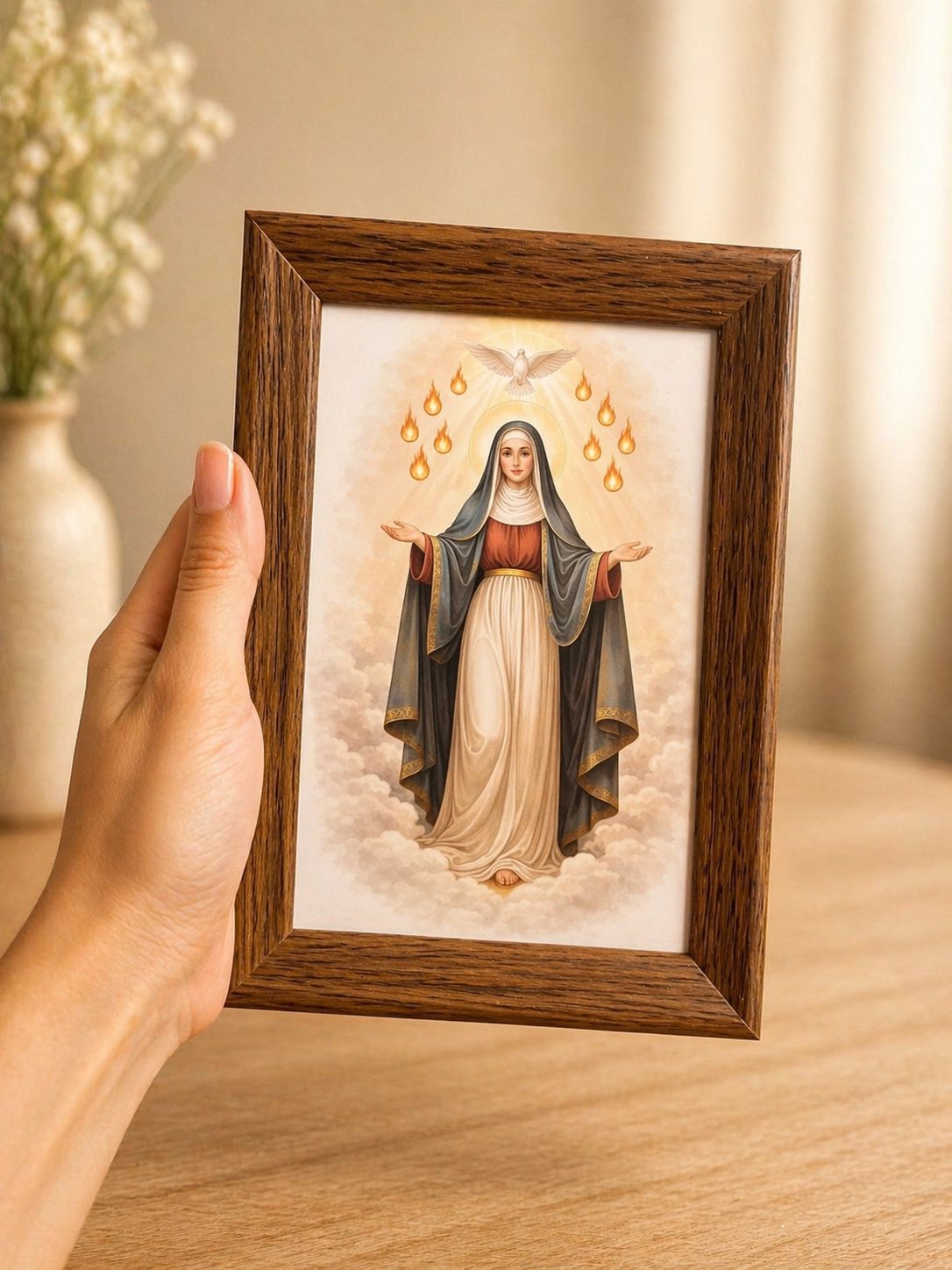 Quadro Decorativo  Nossa Senhora de Pentecostes 10x15 com Moldura  - Decoração Religiosa e Presente de Fé