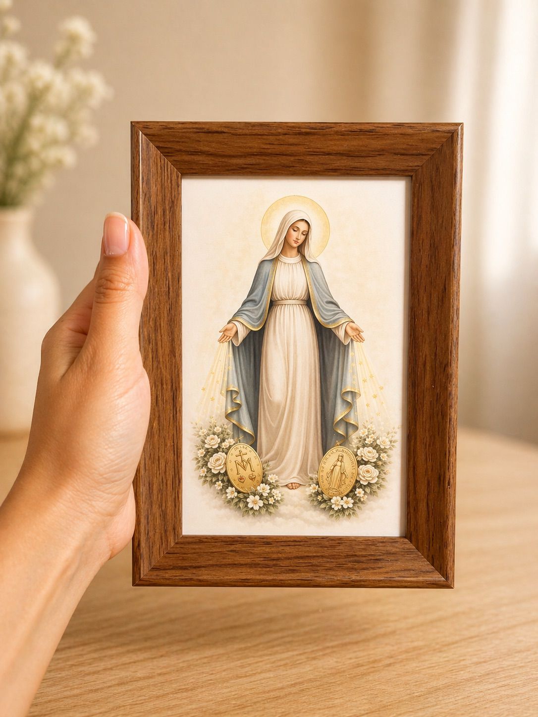 Quadro Decorativo Nossa Senhora das Graças 10x15cm com Moldura - Decoração Religiosa e Presente de Fé